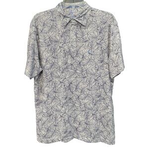 TailorByrd Men’s Large Polo Tropical Monstera Leaf Print Blue Gray